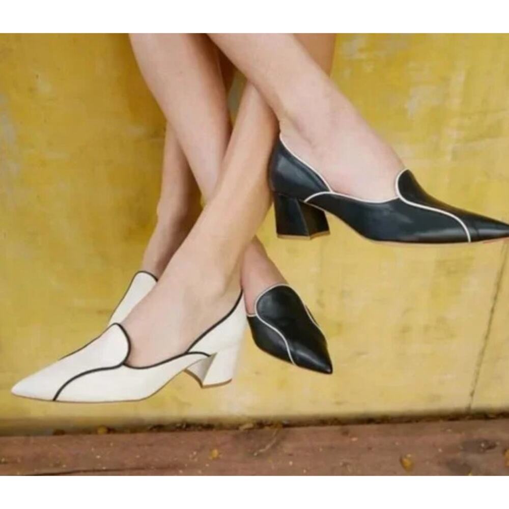 LIKE NEW Mavette Fiona Loafers Pointed Toe Block Heel Ivory/Black Trim EU 38.5 - Picture 2 of 15